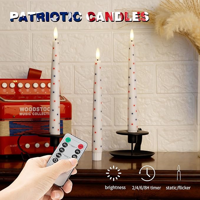 4th of July Candles, Flameless Taper Candles with Remote, 9.6" Red White and Blue Star Candles, Real Wax Flickering Independence Flameless Candles, Patriotic Candles, Battery Candles, Set of 3