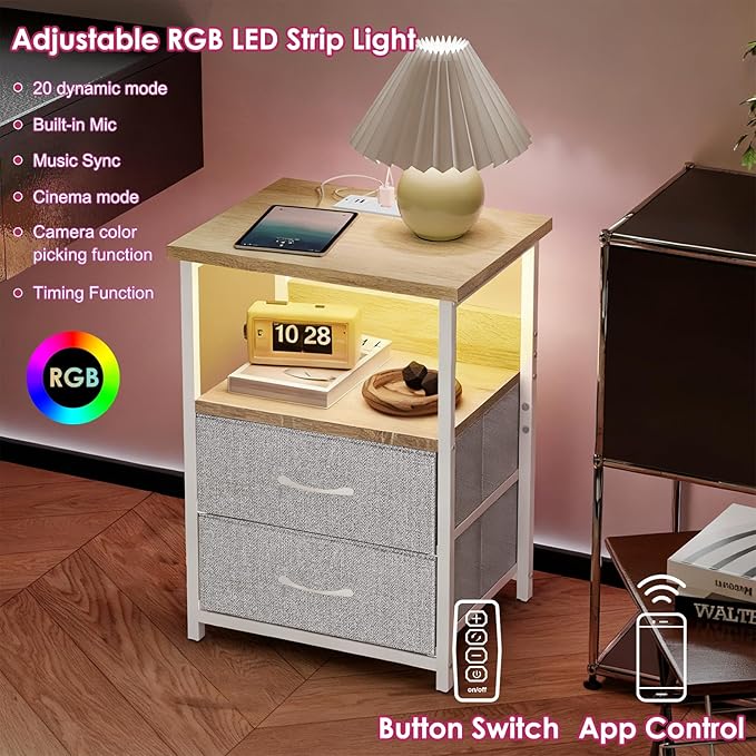 Fixwal Night Stand with Charging Station, LED Nightstand with U-S-B Ports and Outlets, 2 Fabric Storage Drawers with PU Finish, Small Bedside Table, Natural Oak & Light Grey