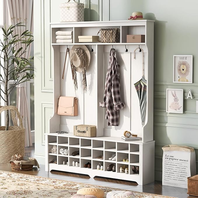 RUNNA Stylish Versatile 60" Wide Coat Rack with Metal Black Hooks and 24 Shoe Cubbies,Hall Tree with 3 Top Shelves and Bench,for Hallway Entryway Mudroom Use (White@e)