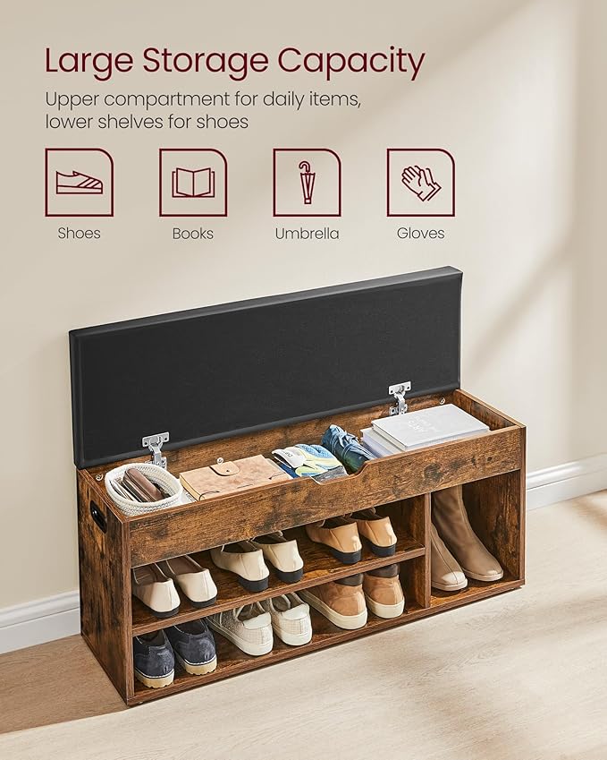 VASAGLE CUSTOS Collection - Storage Bench with Cushion, Shoe Bench, Padded Seat, Hidden Storage, Entryway, Hold up to 300 lb, 11.8 x 39.4 x 17.3 Inches, Rustic Brown and Ink Black ULHS130B01