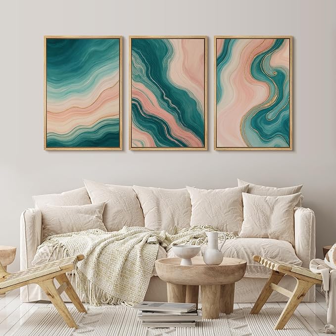 wall26 Framed Canvas Print Wall Art Set Flowing Teal and Blush Marble-Inspired Abstract Illustrations Modern Art Decorative Multicolor for Living Room, Bedroom, Office - 24"x36"x3 NATURAL