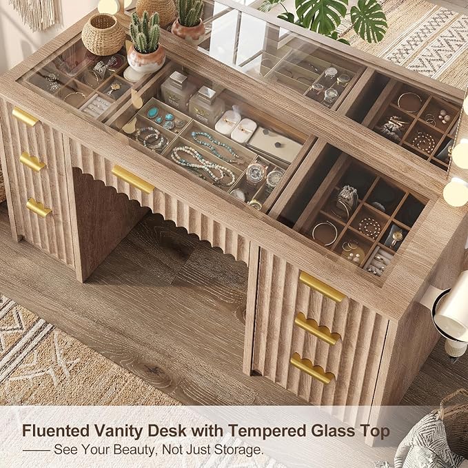 47" Fluted Makeup Vanity Desk w/Large 42" Mirror & Ajustable LED Lights, Large 7 Drawers Vanity Table w/Glass Top&Charging Station, Makeup Dressing Table for Women&Girls, Bedroom or Dorm, Oak