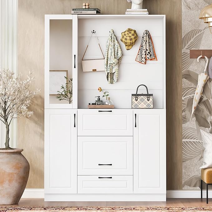Merax Hall Tree with Foldable Bench and Shoe Storage, Entryway Coat Rack with Mirrored Cabinet Door, Hooks, Drawer, and Cabinets, Modern Hall Trees for Hallway, Living Room,White