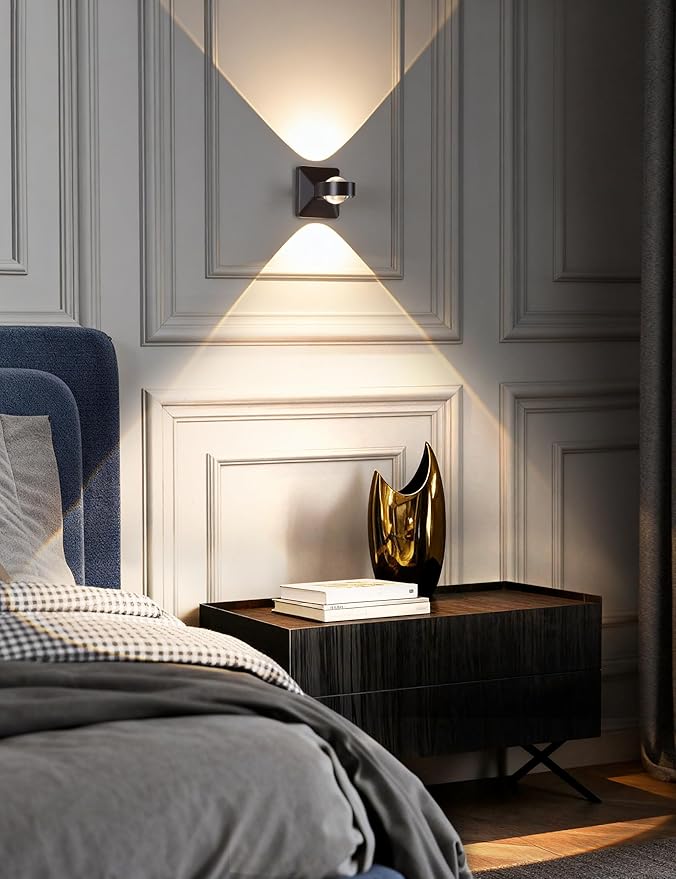 Tubicen Dimmable Wall Sconce Indoor Hardwired 8W Bright Focus LED Up Down Wall Lights for Living Room Hallway Stairway Movie Theater Sconces Lighting Black 3000K Warm White