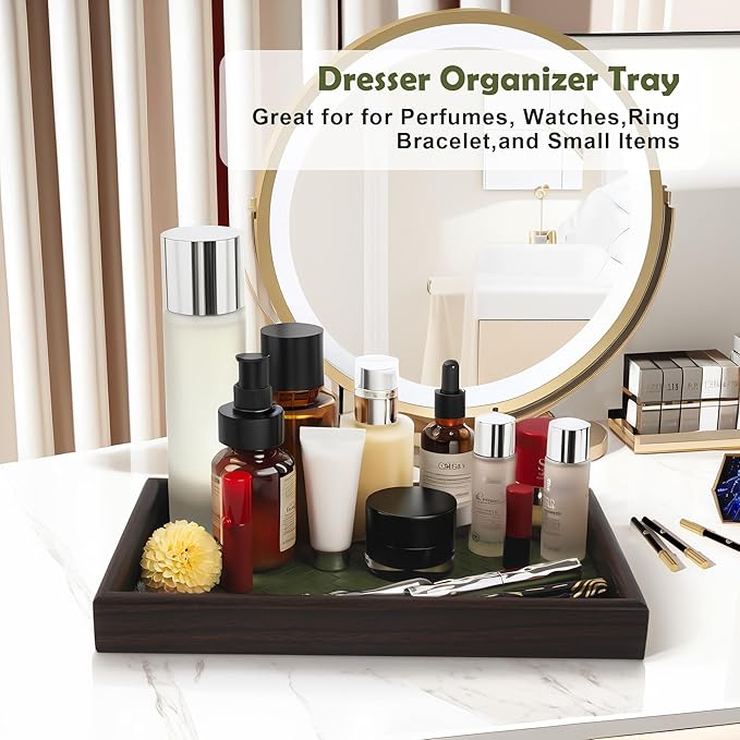 Zosenley Wooden Valet Tray with Leather Base - Nightstand Catchall Organizer for Cologne, Perfume, Keys, Wallet, Phone, Watch, Jewelry & Sunglasses (Green)