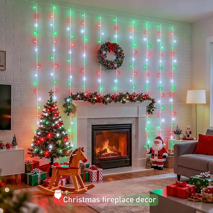 JMEXSUSS 300LED Red White and Green Christmas Curtain Lights with Remote, Indoor Christmas String Lights Plug in, Hanging Twinkle Lights for Bedroom Window Wall Yard Outdoor Xmas Decor, 9.8x9.8ft