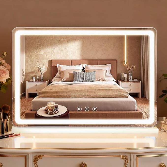 Vanity Mirror with Lights, LED Makeup Mirror with 3-Color Dimmable Lighting, Smart Touch Control, Memory Function, Tabletop Lighted Mirror for Bedroom, Dressing Room