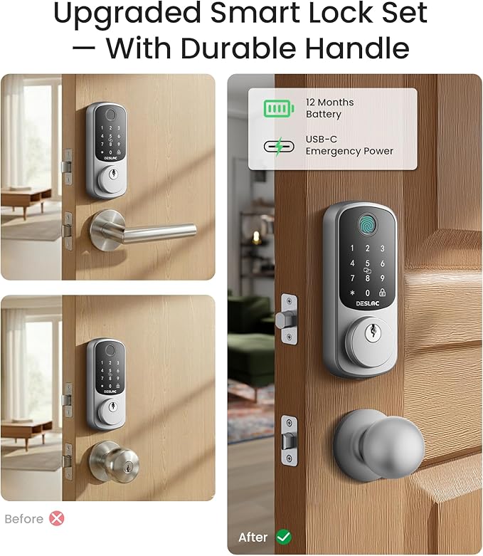 DESLOC B200 Fingerprint Smart Lock with 2 Knobs, Keyless Entry Front Door Lock Set, Electronic Keypad Deadbolt, App Control, Auto Lock, Long Battery Life,Silver