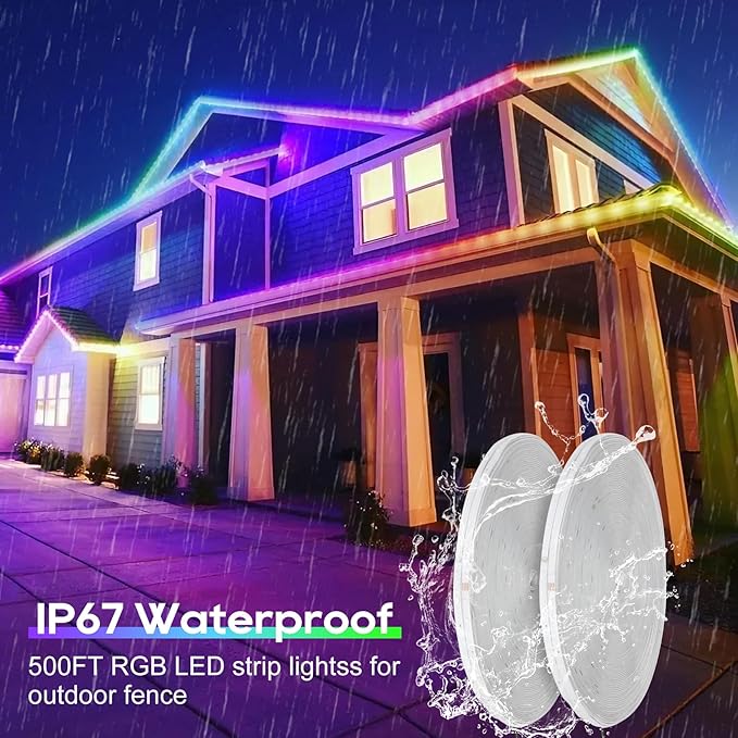 500FT Outdoor Led Strip Lights Waterproof - Music Sync RGB, IP68 Outside Led Strips with Bluetooth App & Remote Control, RGB Exterior Led Lights for Deck,Courtyards,Balcony,Roof,Garden,Pool