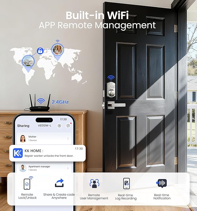 Veise VE012W-L Built-in Wi-Fi Fingerprint Smart Lock with Lever Handle Set, App Remote Control, Keyless Entry for Front Door, Deadbolt Digital Backlit Keypad, Voice Assistant, Auto Lock, Satin Nickel