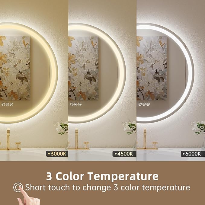 LOVESPEJO 36" Round LED Bathroom Mirror with Lights, Circle LED Mirror for Bathroom, Fogless, Dimmable, 3 Color Changing, IP54, Shatter-Proof