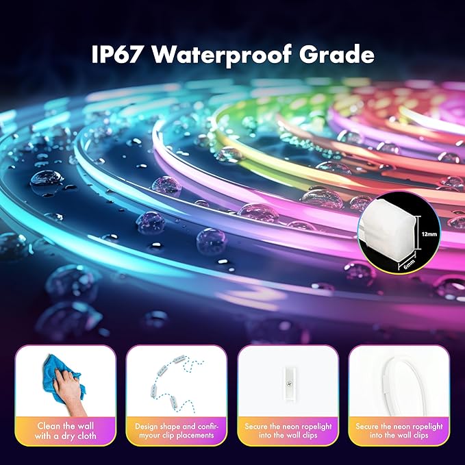 16.4FT Neon Rope Lights,RGB LED Strip Lights,App Control,IR Remote,Music Syncing,Outdoor IP67 Waterproof,Flexible Led Rope Lights,Cuttable,for Bedroom,Gaming,Party,Outdoors Decor