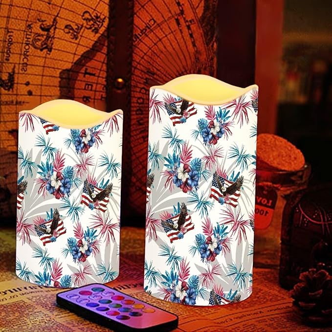 250th Anniversary Fake Candles Set of 4 Bald Eagle Star Stripes Pattern LED Battery Operated Flickering Remote Fourth of July Lamp Patriotic Decor for Bedroom Wedding Restaurant