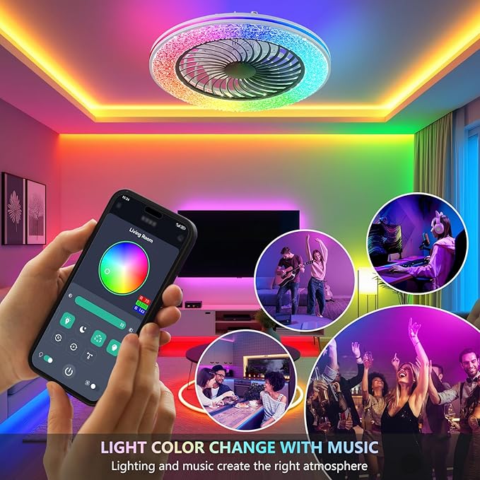 20" Modern LED Ceiling Fan Light, Smart Bladeless Ceiling Fans with Lights and Remote, RGB Bluetooth Fan Chandelier for Bedroom,Living Room, Office (23)
