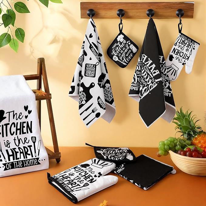 8 Pcs Farmhouse Kitchen Decor Accessories Set 4 Black White Kitchen Dish Towels 2 Oven Mitts 2 Pot Holders Kitchens Towels Pot Holders Oven Mitt Decor for Cooking Baking Housewarming Daughter Mom Gift