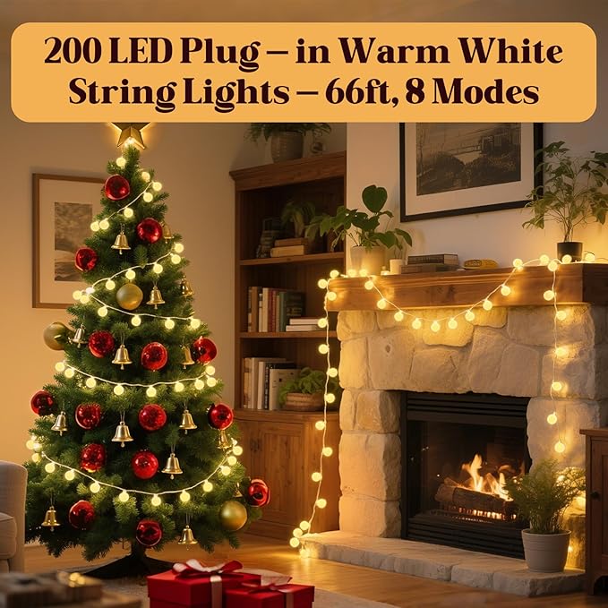 String Lights for Bedroom, 200 LED Globe Plug in Fairy Lights, 66FT Connectable Warm White Twinkle Lights with 8 Lighting Modes, Cozy Bed & Wall Decor, Waterproof for Outdoor Use