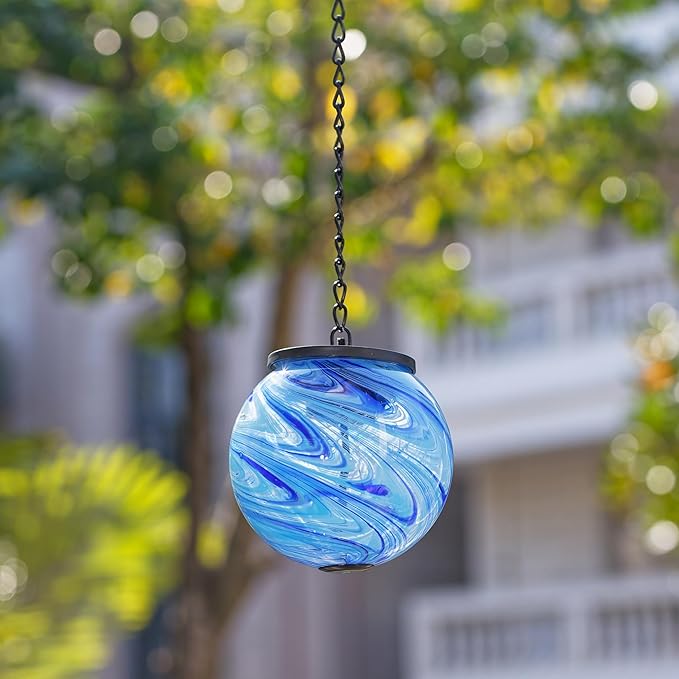 Solar Hanging Lanterns Outdoor, Solar Gazing Ball Lights, Waterproof Hanging Glass Light for Garden Yard Tree Home Xmas Decoration, Blue Swirl