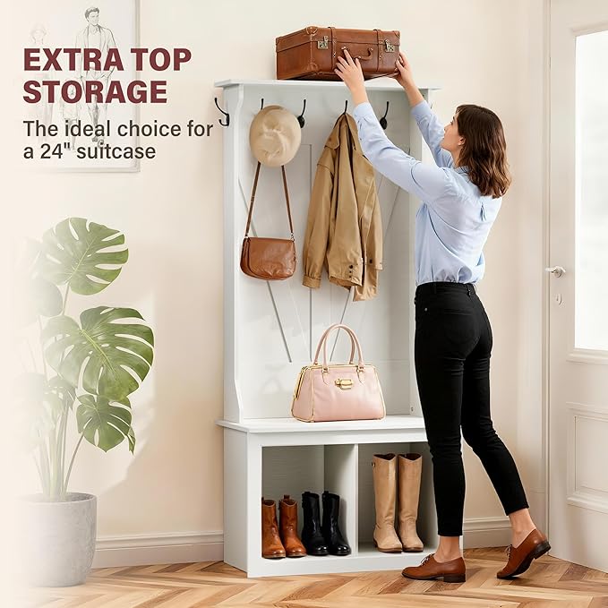 JUMMICO 67" Hall Tree with Bench and Shoe Storage, Farmhouse Entryway Bench with Coat Rack, Mudroom Storage Organizer with 2 Cubbies, 6 Hooks for Entryway, Living Room, White