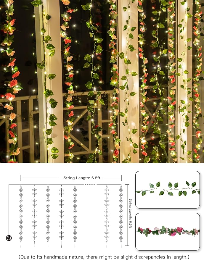 suddus 300 LED Artificial Flower Garland Pothos Vines Curtain Lights, Rose Vines Fairy Lights for Bedroom, Hanging String Lights for Wall, Room, Dorm, Wedding, Party, Indoor Decor 6.56ft x 6.56ft