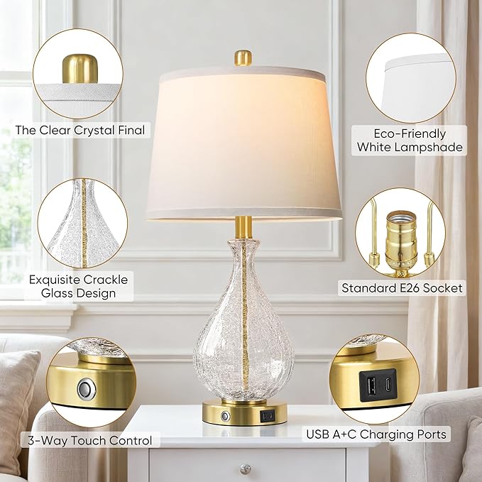 QiMH Glass Table Lamps for Living Room, Bedside Lamps Set of 2 with USB A+C Charging Ports, 3 Way Dimmable Touch Lamps for Nightstand, 22.5" Modern Table Lamp for Bedroom Office,Gold(Bulb Included)