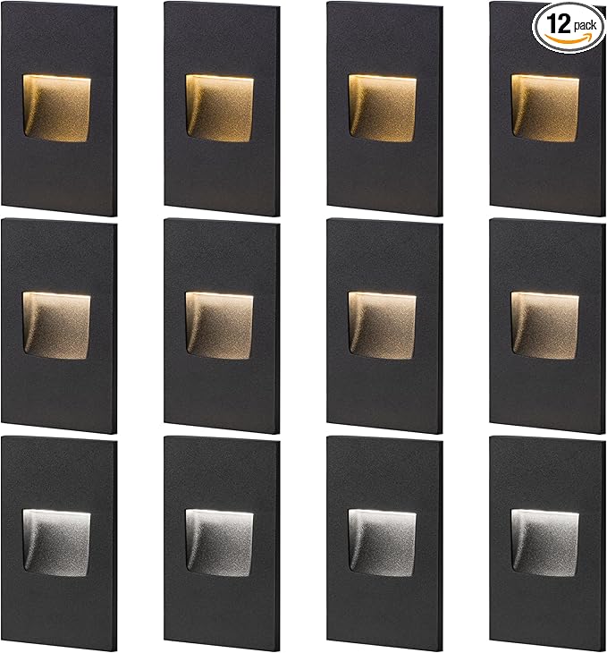 FTL 12-Pack LED Step Lights Outdoor Stair Lights Indoor, 120V Dimmable 3CCT 3000K/4000K/5000K Color Changing Deck Stair Lighting 150LM 3.5W, Waterproof Black Aluminum Staircase Vertical