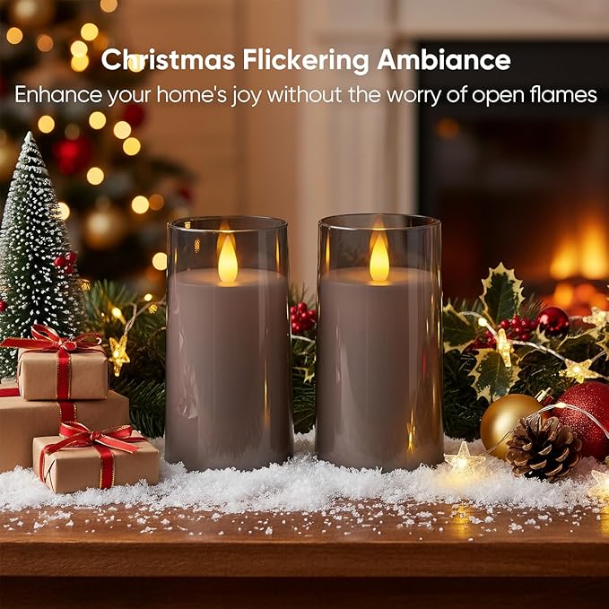 Amagic 3"×5" Gray Flameless Candles with Remote and Timer, Realistic Flickering Battery Operated Acrylic Led Fake Candles for Home Wedding Party Fall Christmas Decor, Set of 2