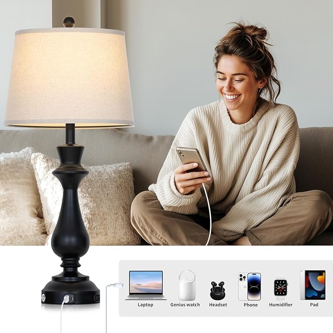 Touch Lamps for Night Stand - 29.5" Tall Bedside Lamp with USB C+A, 3 Way Dimmable Bedroom Lamps, Black Metal Table Lamps for Living Room,Single Black