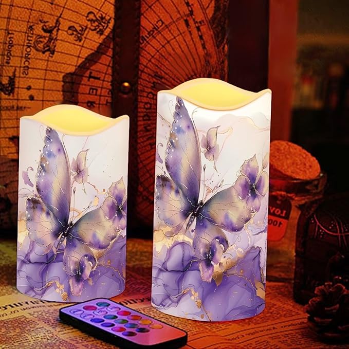Purple Butterfly Marble Flickering Flameless Candles with Remote LED Pillar Candles Battery Operated with Timer Color Changing Electric Candles Decoration