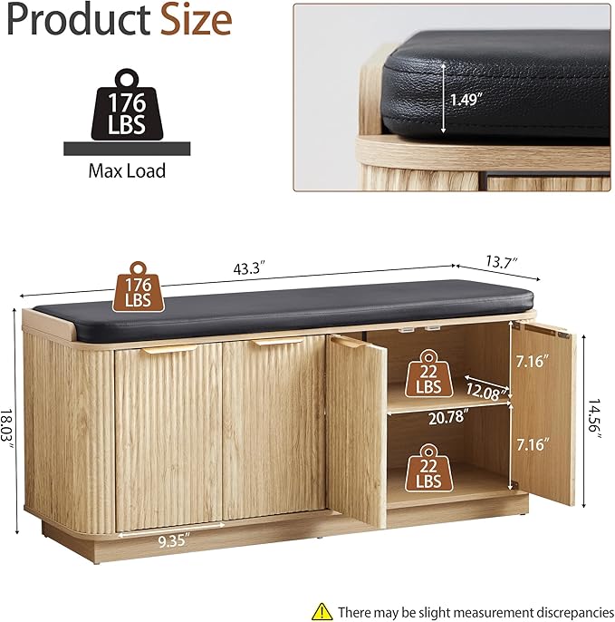43.3''W Fluted Entryway Shoe Storage Bench with 4 Doors and Adjustable Shelf, 2-Tier Entry Bench Seat with Shoe Storage and Cushion, Shoe Cabinet Bench for End of Bed, Foyer - Natural