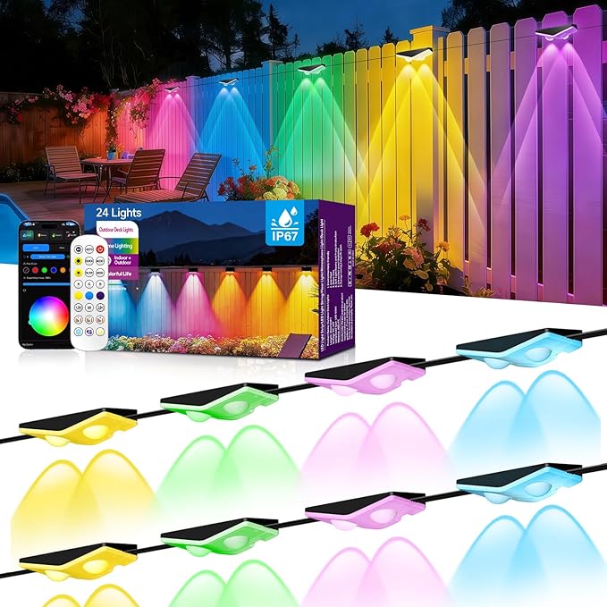 Fence Lights Outdoor 24 Packs,Smart RGB Fence Lighting with APP&Remote Control,IP67 Waterproof Fence Lights,DIY Scene Modes,LED Light for Fence,Patio,Yard,Garden(150ft)