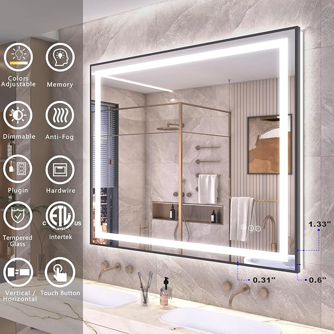 OKPAL LED Bathroom Mirror with Black Metal Frame, 40x24 Lighted Mirrors for Bathroom Wall, Front and Backlit Lighted Bathroom Mirror, Dimmable, Anti-Fog, ETL Listed, Horizontal/Vertical