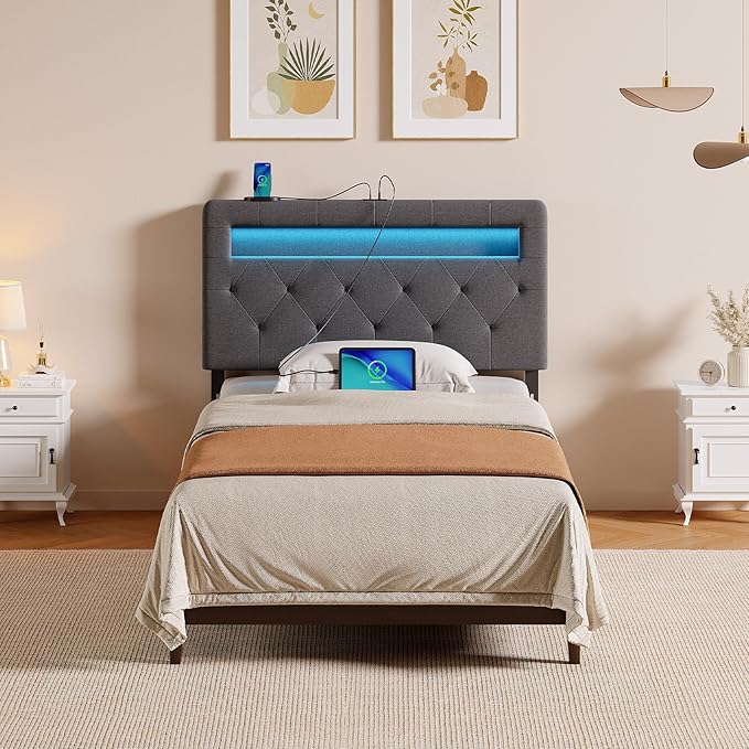 GREENSTELL Headboard for Twin Size Bed with 60,000 DIY Color of LED Light, USB & Type C Post, Upholstered, Height Adjustable, Sturdy, Easy Assembly, Wall Mounted Head Boards Only, Gray