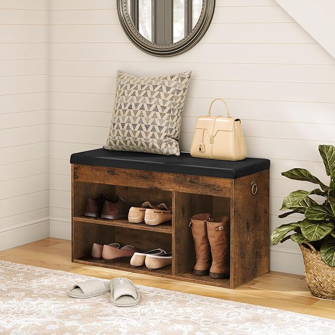 HOOBRO Shoe Storage Bench with Cushion, 32.3'' Entryway Bench with Lift Top Hidden Storage and Adjustable Shelves, Wooden Shoe Rack Bench for Entryway Bedroom, Rustic Brown and Black BF40HX01