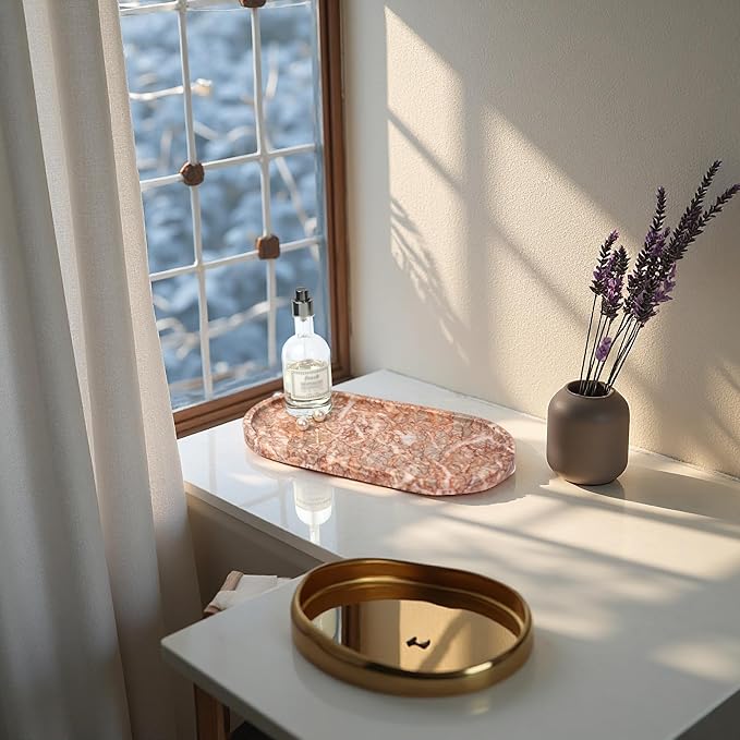 Marble Vanity Tray Organizer - 9.8"x5" Italy Natural Stone Decorative Tray，Jewelry, Perfume & Candle Display Tray，Bathroom Vanity, Dresser Top, Nightstand Decor