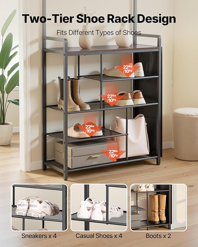 VEVOR Hall Tree, 70.9 in Coat Rack with Shoe Storage, Freestanding 4-Tier Shoe Rack Organizer with Hooks, Side Pocket and Wire Shelf, Steel Frame Entrance Coat Holder for Entryway, Bedroom, Closet