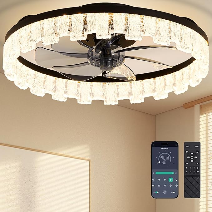 Ceiling Fans with Lights and Remote Fandelier - Black Crystal 20'' Flush Mount Low Profile Modern Ceiling Fans for Bedroom - Stepless Color Temperature and 6 Speeds