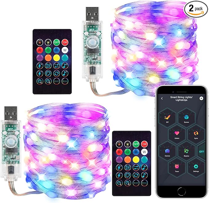 Smart Fairy String Lights 2 Pack WS2812B 33FT USB Bluetooth Twinkle with Timer and Remote, Music Sync Funny Modes Color Chasing Lights for Bedroom Curtain Christmas Wedding Party Decor IP65