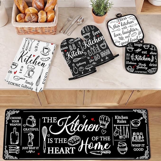 Black and White Kitchen Decor Set 10 Piece - Chalkboard Art Baking Theme Kitchen Rugs, Oven Mitts, Pot Holders and Towels - Modern Farmhouse Kitchen Rules Accessories