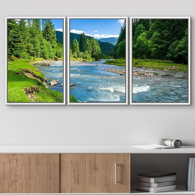 wall26 - 3 Piece Framed Canvas Wall Art - Landscape with Mountains Trees and a River in Front - Modern Home Art Stretched and Framed Ready to Hang - 16"x24"x3 White