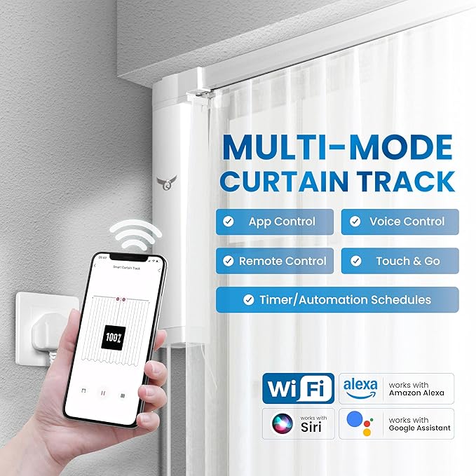 Osprey.Life Smart Motorized Curtain Track, 71-130in, No-Cut Adjustable Electric Rail, ~33dB Quiet Motor, Remote & App Control, Alexa, Google Assistant & Siri, Ceiling/Wall Mount (Center Opening)