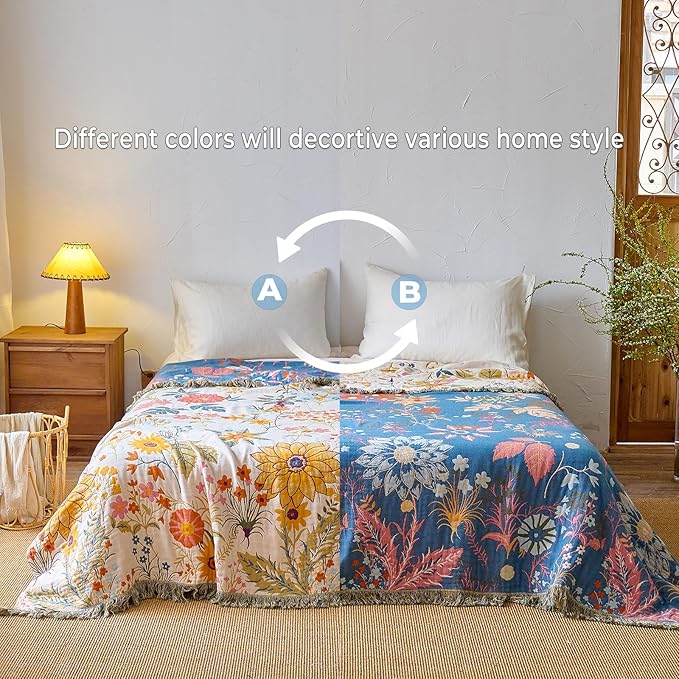 Boho Throw Blanket for Home Decor,Ultra Soft Throw Rustic Classic Quilt,100% Cotton Muslin Blankets for Adults, Reversible Woven Decorative Blanket for Bed Layering Use, Colorful Floral, 50"x60"