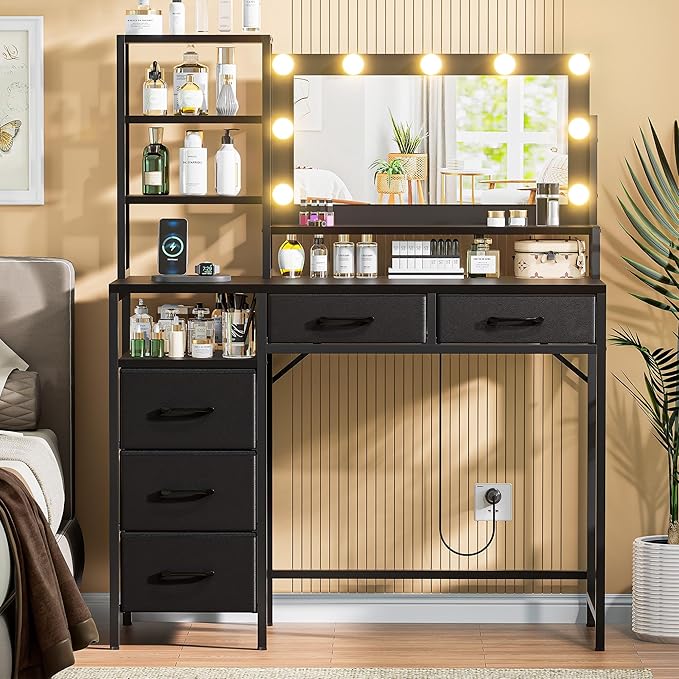Vanity Desk with Mirror, 9 Lights, 3 Color Modes with Adjustable Brightness, 5 Spacious Fabric Drawers & Storage Shelves, Makeup Vanity with Power Outlets, Modern Vanity Table for Bedroom, Black
