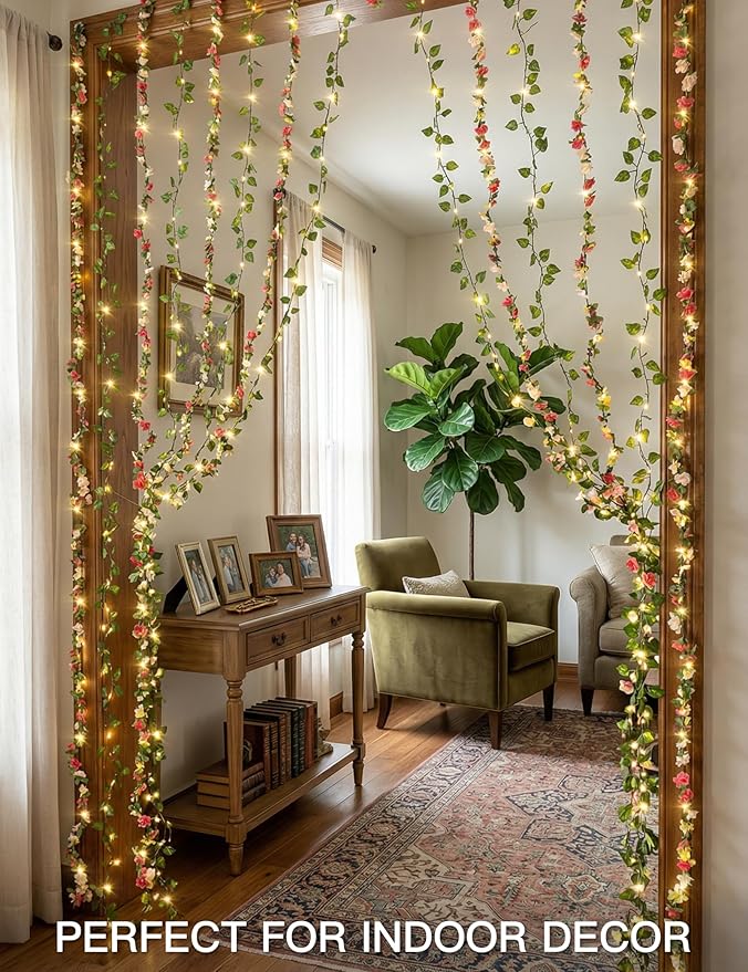 suddus 300 LED Artificial Flower Garland Pothos Vines Curtain Lights, Rose Vines Fairy Lights for Bedroom, Hanging String Lights for Wall, Room, Dorm, Wedding, Party, Indoor Decor 6.56ft x 6.56ft