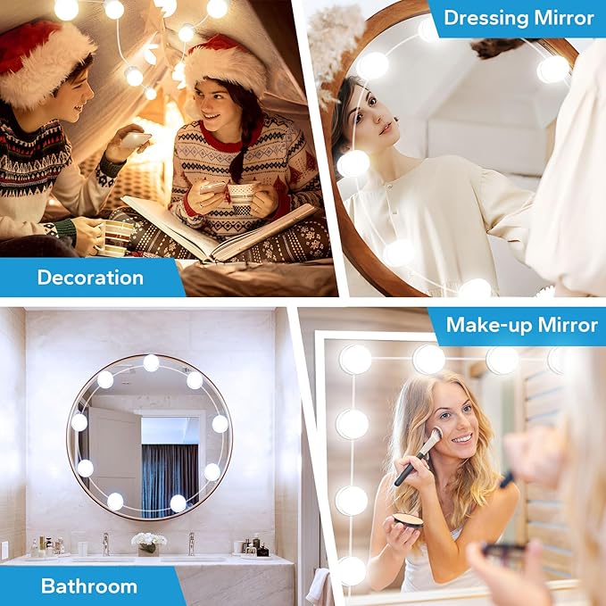LED Vanity Lights For Mirror, Vanity Lights Stick on with 10 Dimmable Bulbs, 3000K 4000K 6500K & 10 Level Brightness Adjustable, USB Cable, Hollywood Mirror Lights for Makeup Dressing Room Bathroom