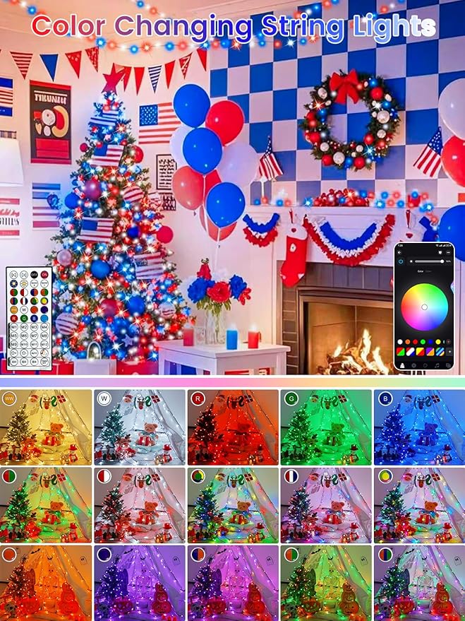 600LED Smart 4th of July String Lights App Controlled, 208T Waterproof Red White and Blue Lights, Patriotic RGB Color Changing Twinkle Light with Remote & Timer Indoor Outdoor for Memorial Day Decor