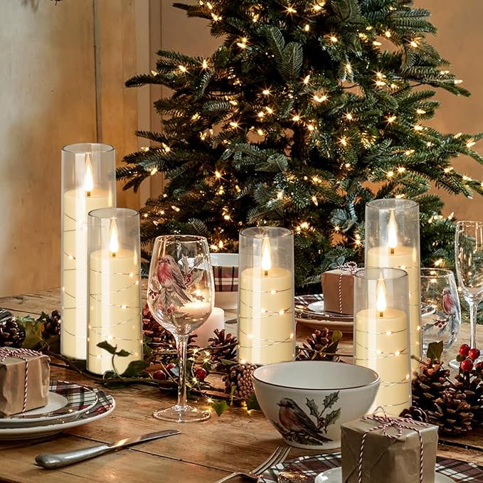 Wondise Flameless Flickering Candles with Embedded Star String Remote and Timer Battery Operated Flickering LED Candles Durable Acrylic Shell Pillar Candles for Christamas Home Decoration (7pack