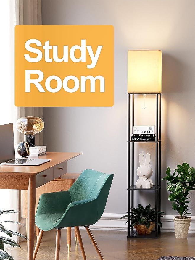 Floor Lamp with Shelves for Living Room, Shelf Floor Lamp with 3 CCT LED Bulb, Corner Display Standing Column Lamp Etagere Organizer Tower Nightstand with White Linen Shade for Bedroom, Office