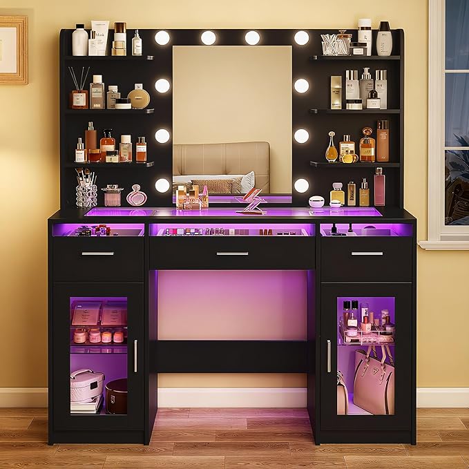 Vanity Desk, Makeup Vanity Desk with Mirror and Lights 3 Colors, Transparent Top with 3 RGB Drawers, 6 Shelves, 2 Large Tempered Cabinets, Power Outlet, for Bedroom, Black