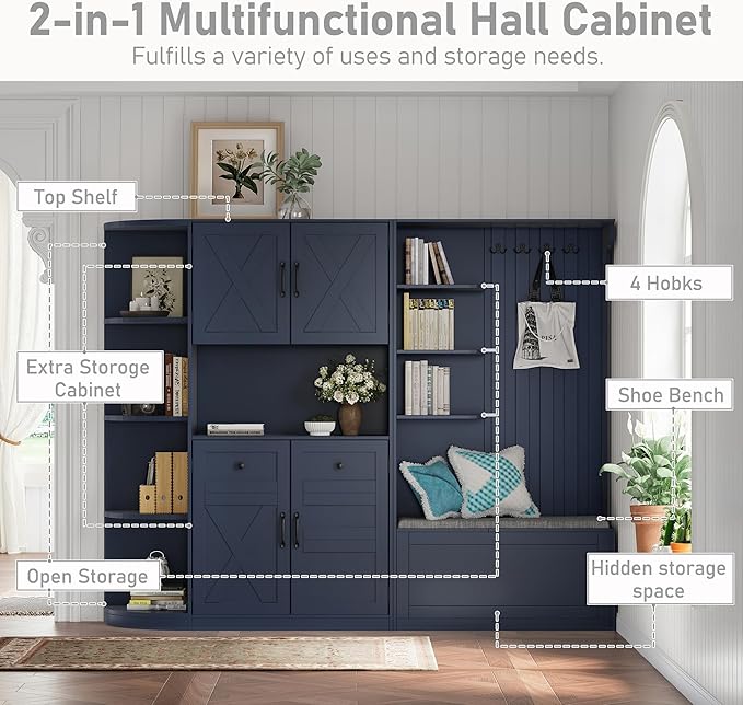 Multifunctional Hall Tree with 4 Hooks, Wood Hall Tree with Open Shelving and Flip Hidden Shelf, Left-Right Combination Coat Rack (can be Used Separately), Entryway Bench (Antique Blue/45c)