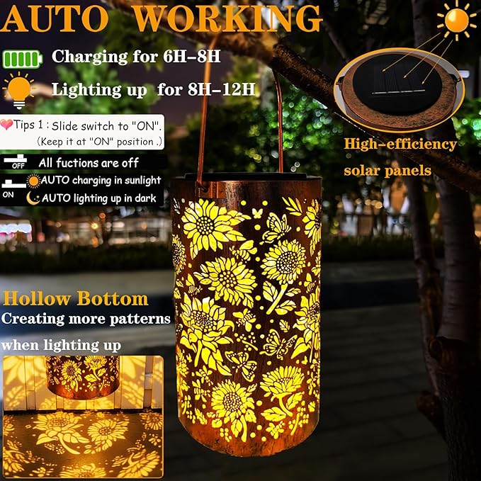 Gardening Birthday Gifts for Mom Women Grandma,Solar Lanterns Outdoor Waterproof,Garden Decor Outside Sunflower Bee and Butterfly, Hanging Yard Art Lights Solar Powered,Patio Decorations,Porch,1PC